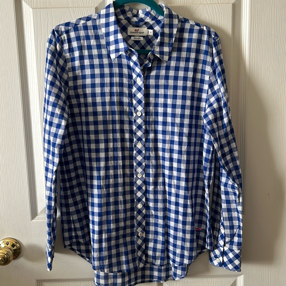Vineyard Vines‎ Women’s Button Down Blue White Gingham Relaxed Fit Shirt Size 8